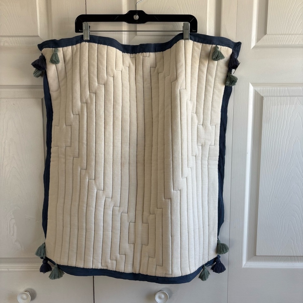 Anthropologie Euro Sham Square Throw Pillow Tassel Unused Cotton Boho White Blue